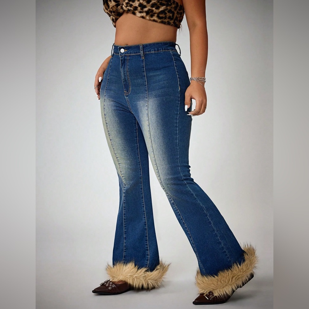 Women's Blue Flare Jeans with Fur Trim - Picture 2 of 6